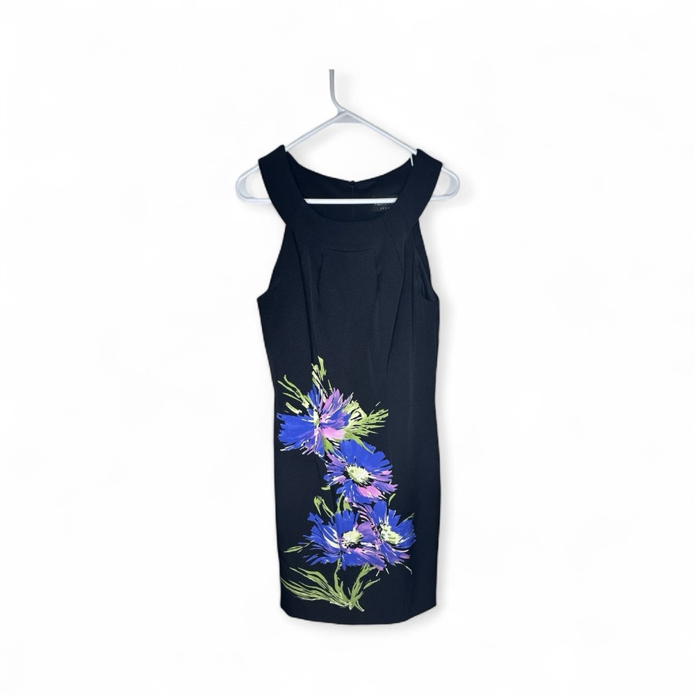 Connected Apparel Black Sheath Dress Size 10 with Blue Floral Design